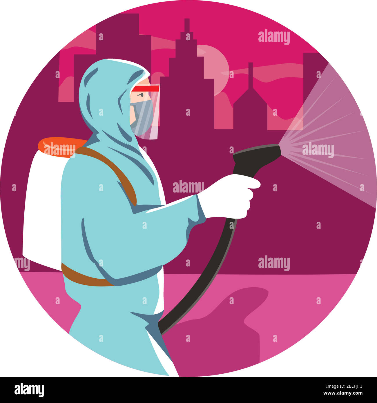 Illustration of an industrial worker, healthcare, essential or pest exterminator wearing a respiratory protective equipment, fumigating spraying disin Stock Vector