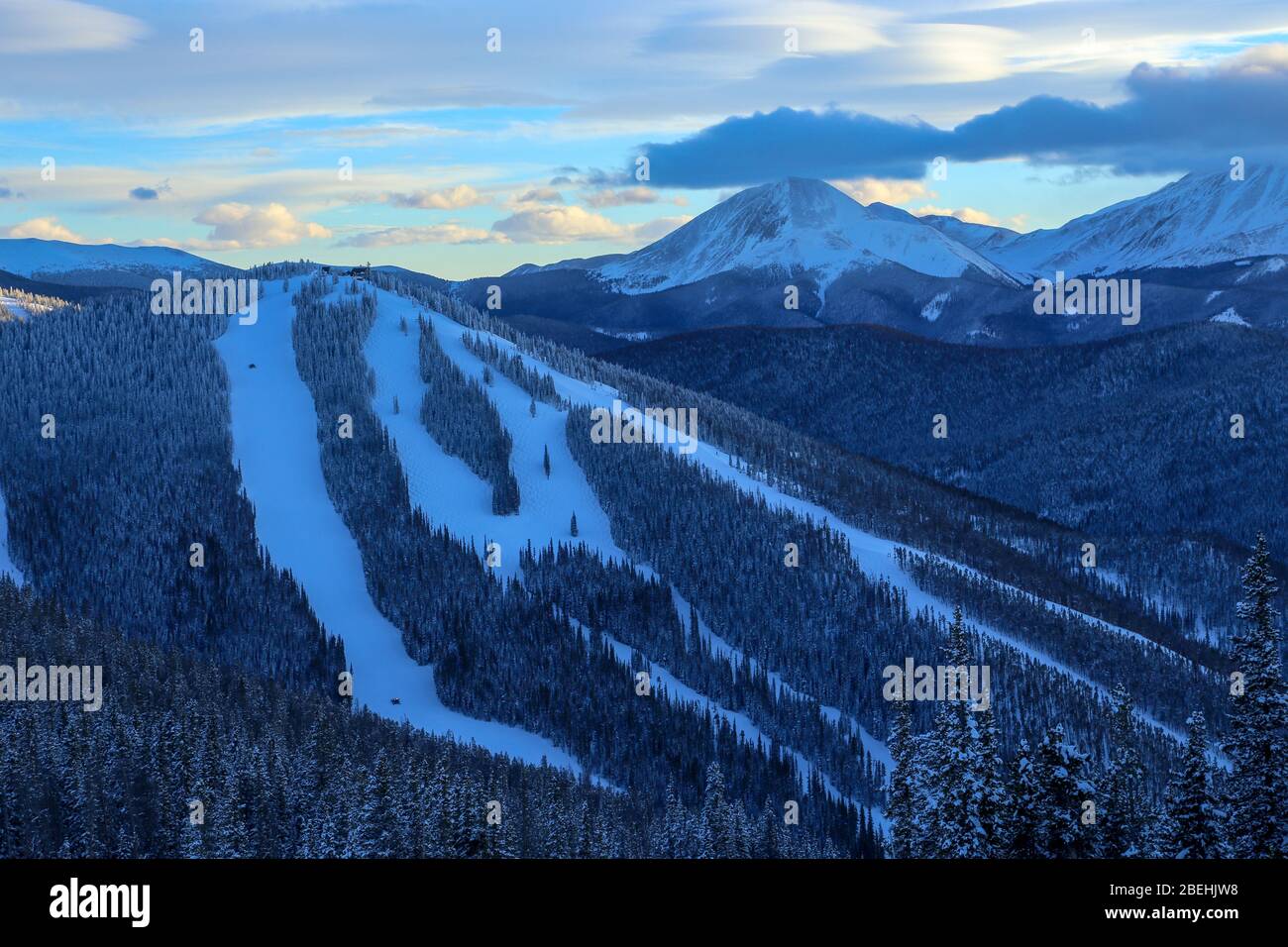 Keystone, Colorado ski runs at sunset of North Peak at the top of Dercum Mountain Stock Photo