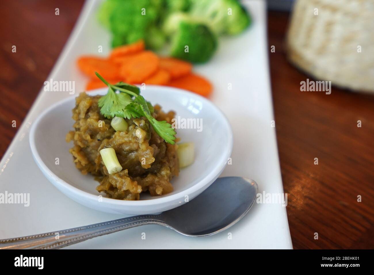Nam Prik Num, Northern Thai green chili paste dip served with fresh