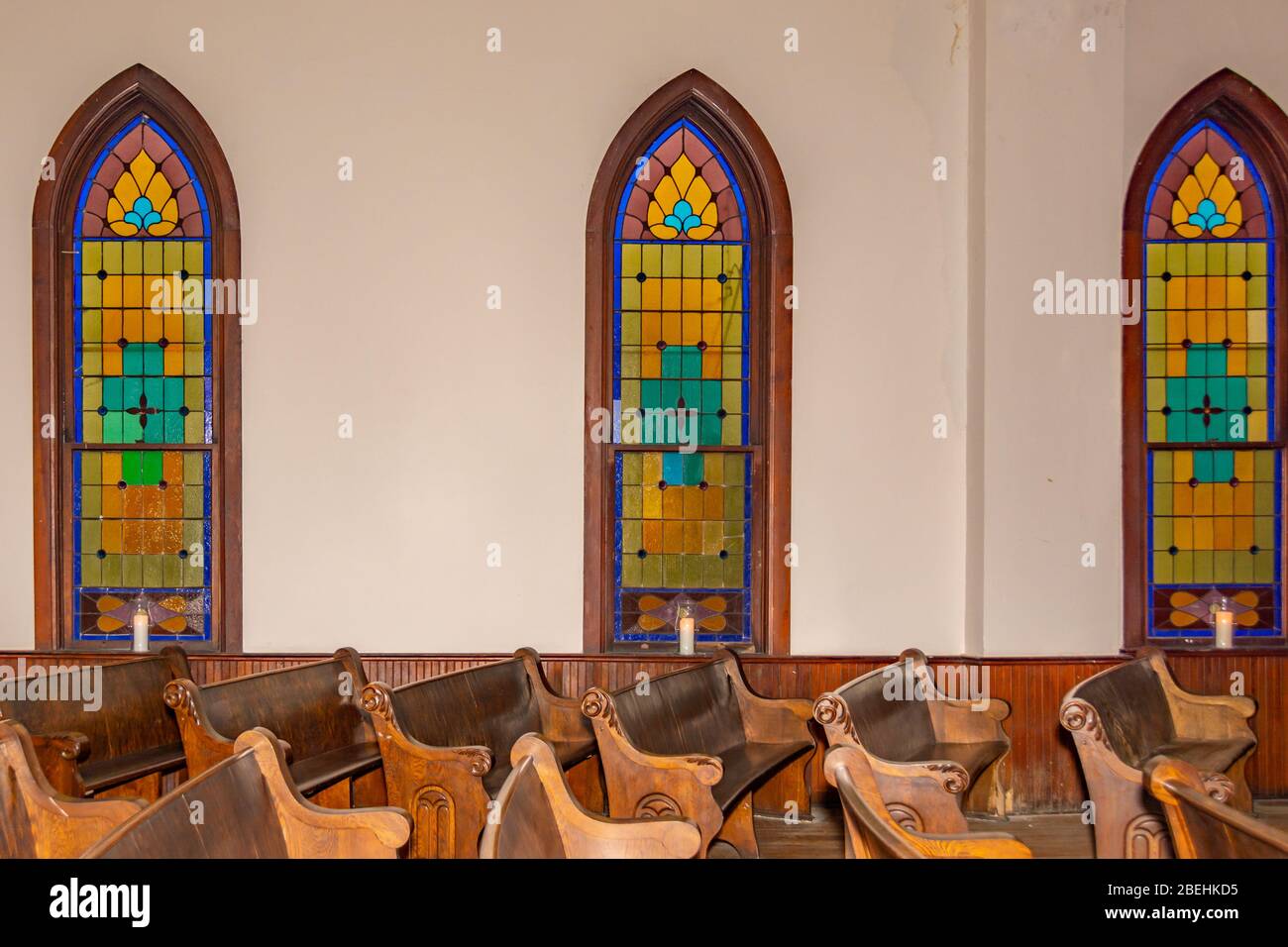 Stained glass windows in a rural Christian church in Kentucky Stock