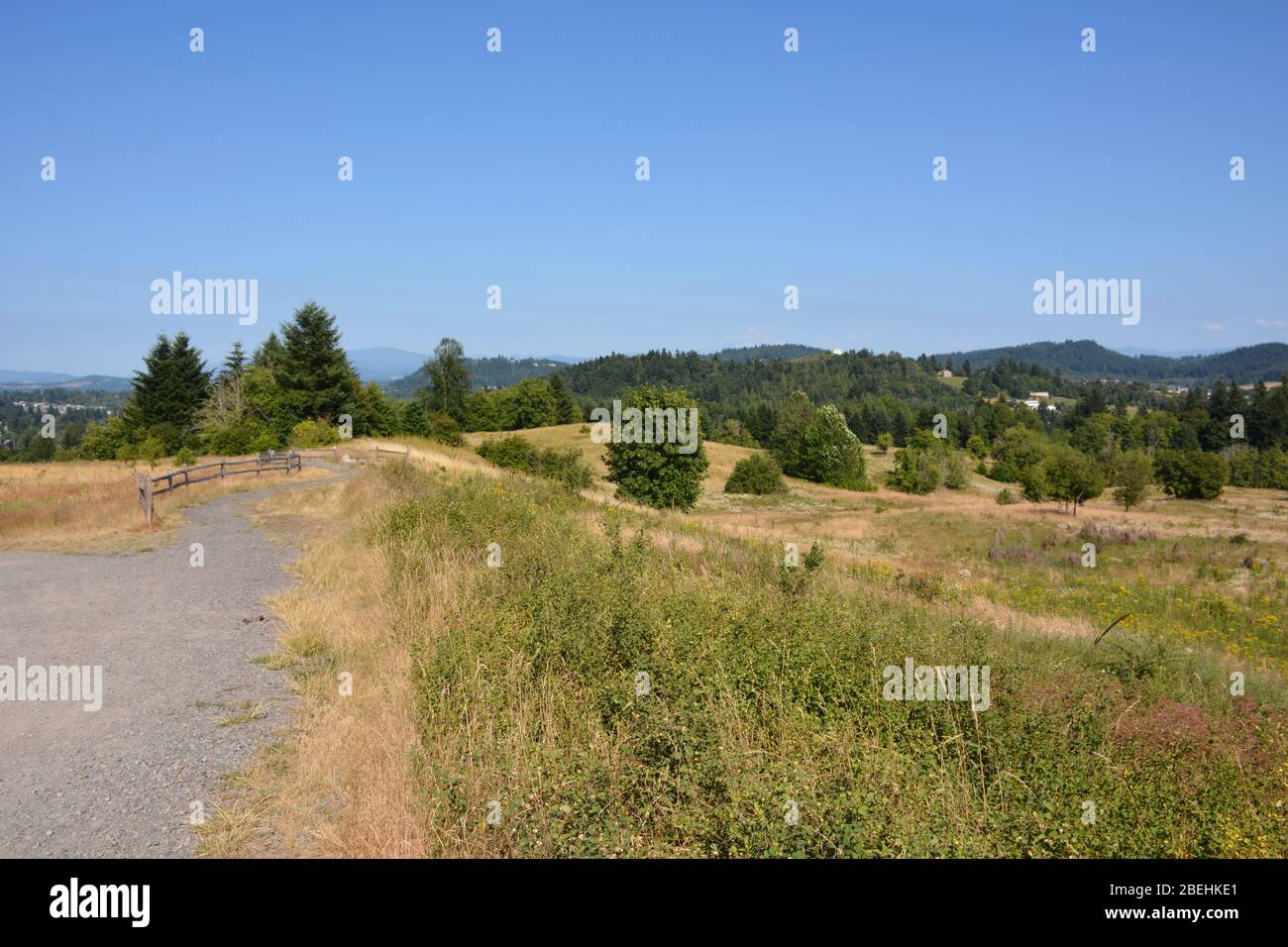 Walking paths at the top of Powell Butte Nature Park, Portland, Oregon, USA. Powell Butte is an