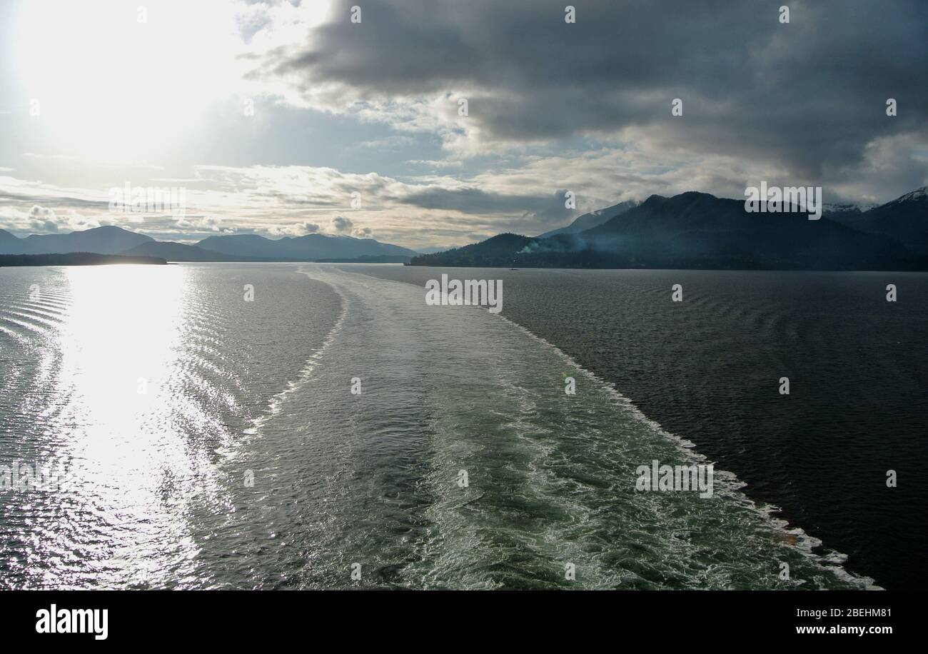 wake of cruise ship in the inside passage in alaska Stock Photo
