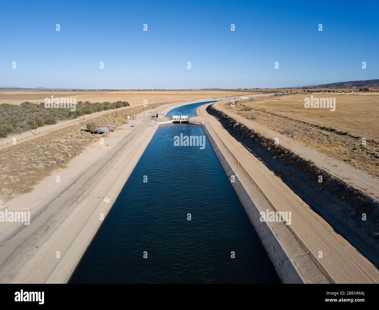 Aerial views above the California Aqueduct in the Antelope Valley of California west of