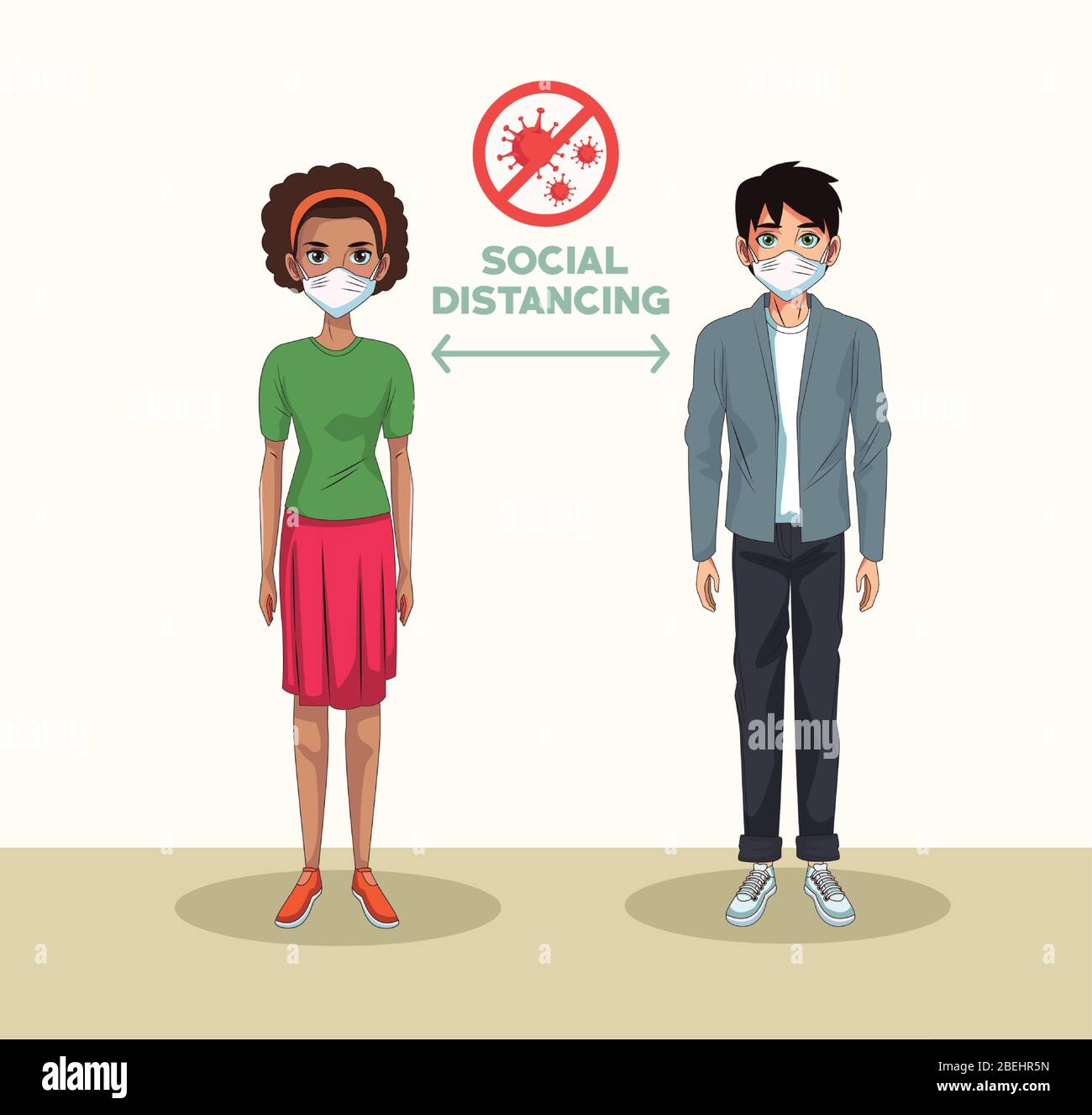couple using face masks with stop covid19 signal Stock Vector Image ...