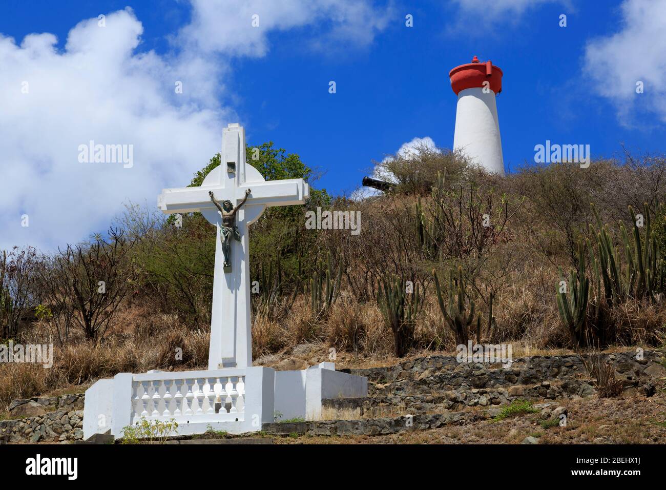 Lighthouse & Cross in Gustavia,Saint Barts,Caribbean Stock Photo