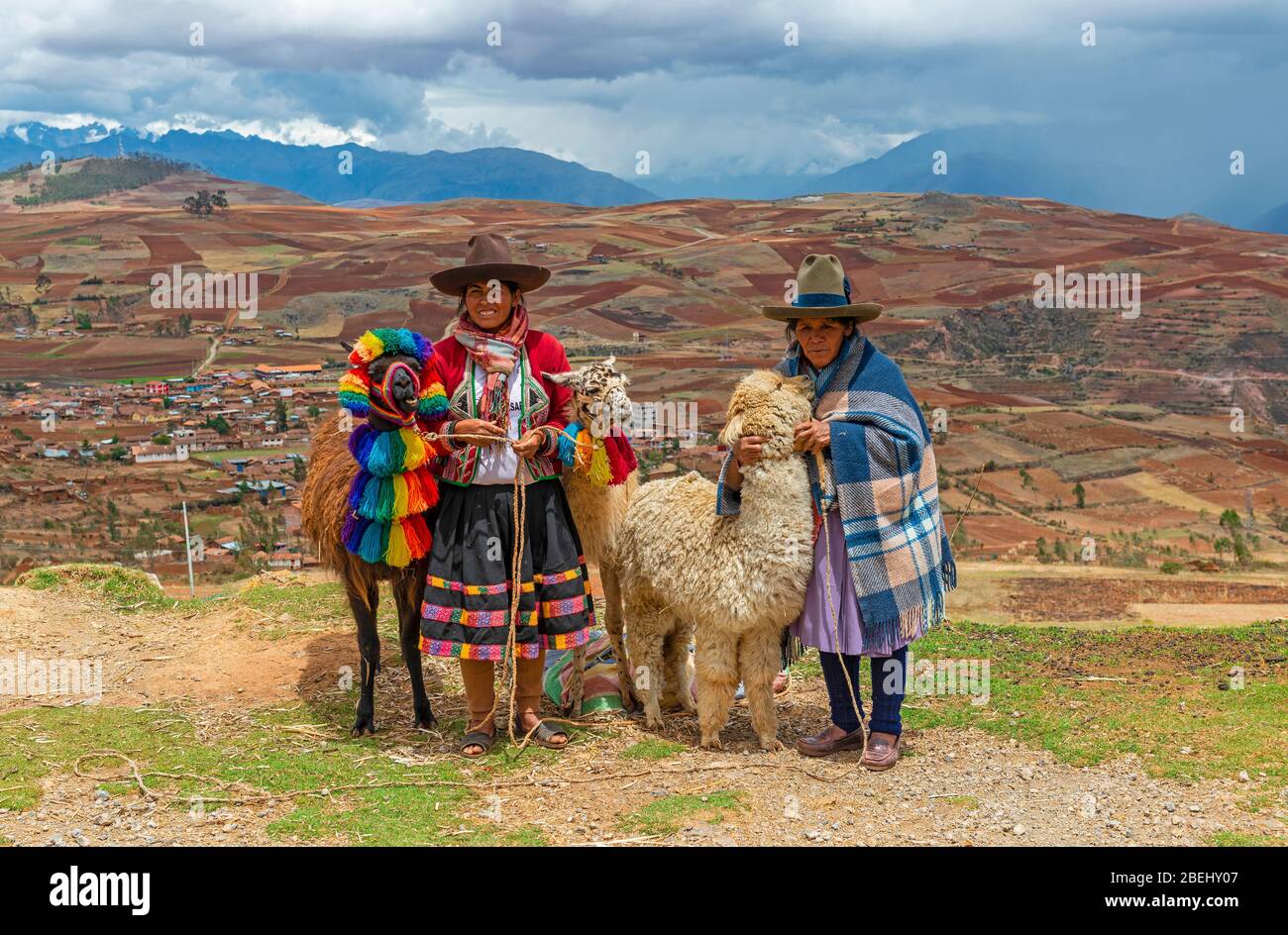 Two Quechua indigenous women in traditional clothing with two llamas and one alpaca in the Sacred Valley of the Inca, Cusco, Peru. Stock Photo