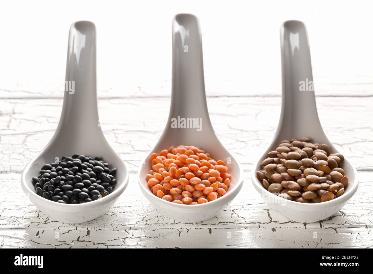 Different assorted lentils mix with red, brown and black beluga lentils in white spoons on white wooden table background - selective focus Stock Photo