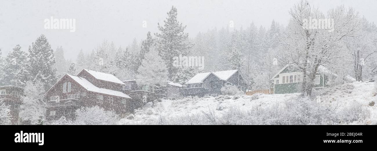 Truckee in California, wooden chalet under a snow storm, typical architecture Stock Photo