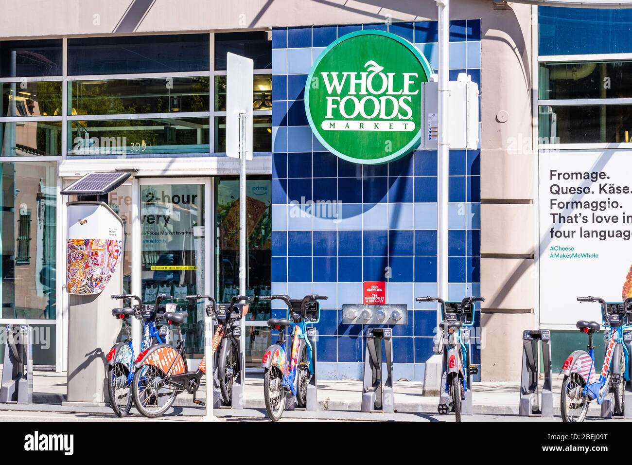 Sep 20, 2019 San Francisco / CA / USA - LYFT Bay Wheels (formerly Ford GoBike) rental station located in front of a Whole Foods Market location Stock Photo