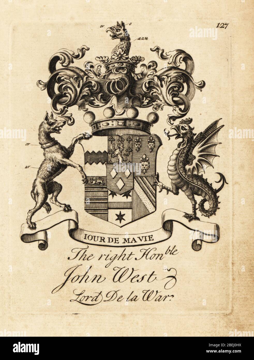 Coat of arms of the Right Honourable John West, 1st Earl De La Warr, Lord de la War, 1693-1766, Copperplate engraving by Andrew Johnston after C. Gardiner from Notitia Anglicana, Shewing the Achievements of all the English Nobility, Andrew Johnson, the Strand, London, 1724. Stock Photo