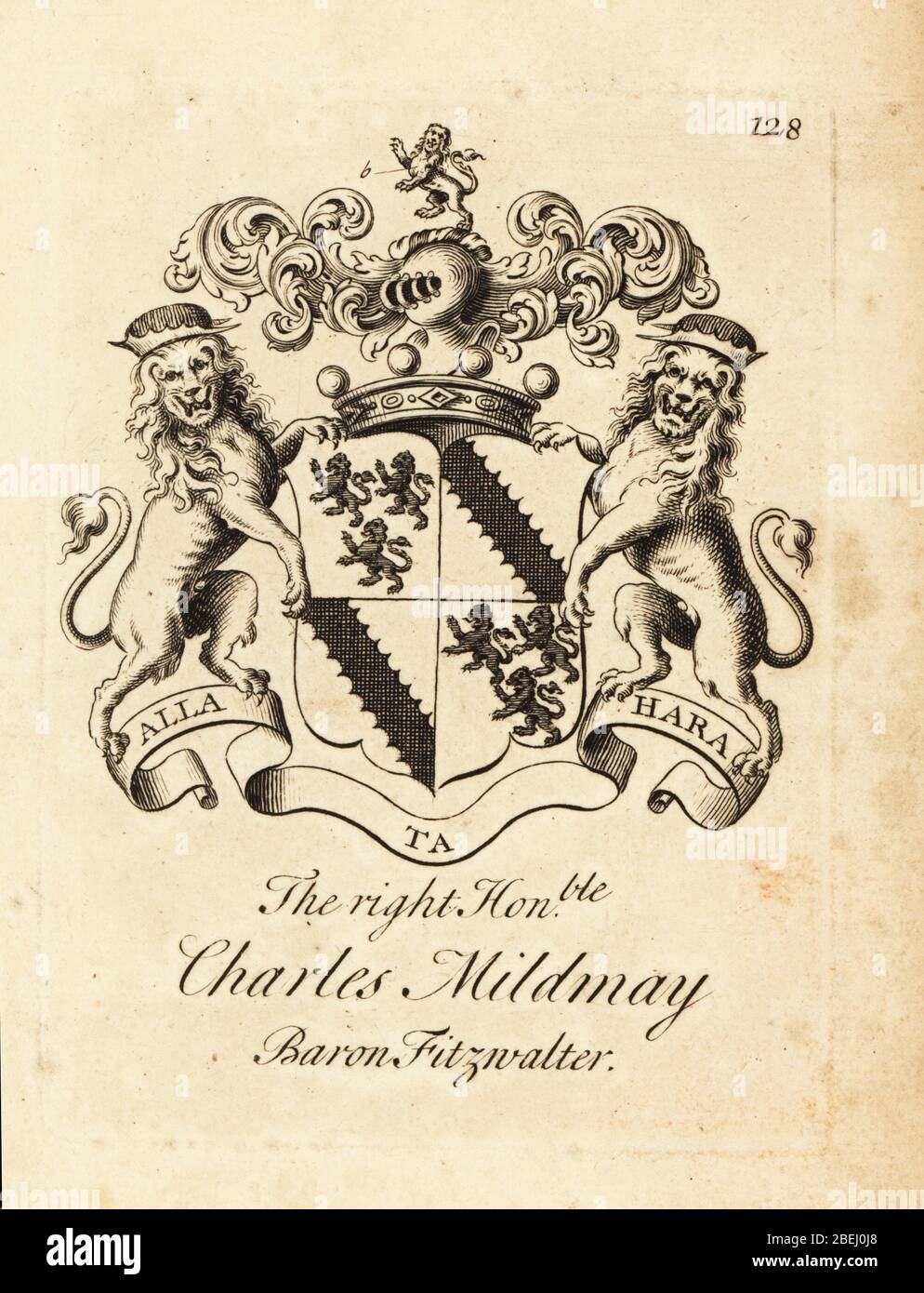 Coat of arms of the Right Honourable Charles Mildmay, 18th Baron Fitzwalter, 18th Baron FitzWalter, 1670–1728. Copperplate engraving by Andrew Johnston after C. Gardiner from Notitia Anglicana, Shewing the Achievements of all the English Nobility, Andrew Johnson, the Strand, London, 1724. Stock Photo
