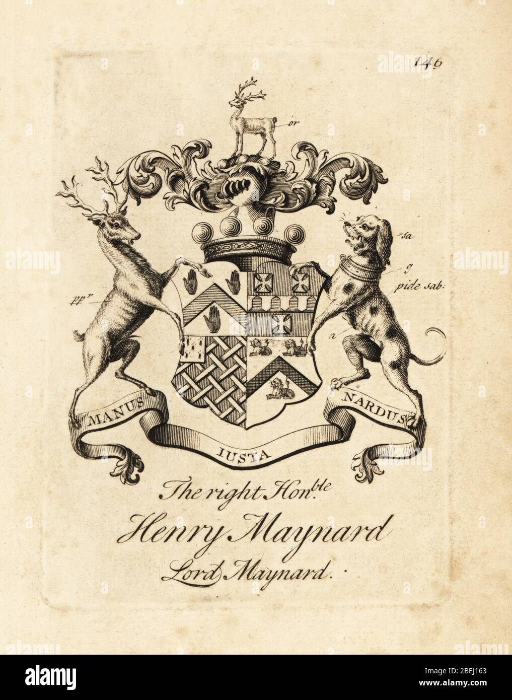 Coat of arms of the Right Honourable Henry Maynard, Lord Maynard, 4th Baron Maynard, died 1742. Copperplate engraving by Andrew Johnston after C. Gardiner from Notitia Anglicana, Shewing the Achievements of all Coat of arms of the Right Honourable Henry Maynard, Lord Maynard, 4th Baron Maynard, died 1742. Copperplate engraving by Andrew Johnston after C. Gardiner from Notitia Anglicana, Shewing the Achievements of all