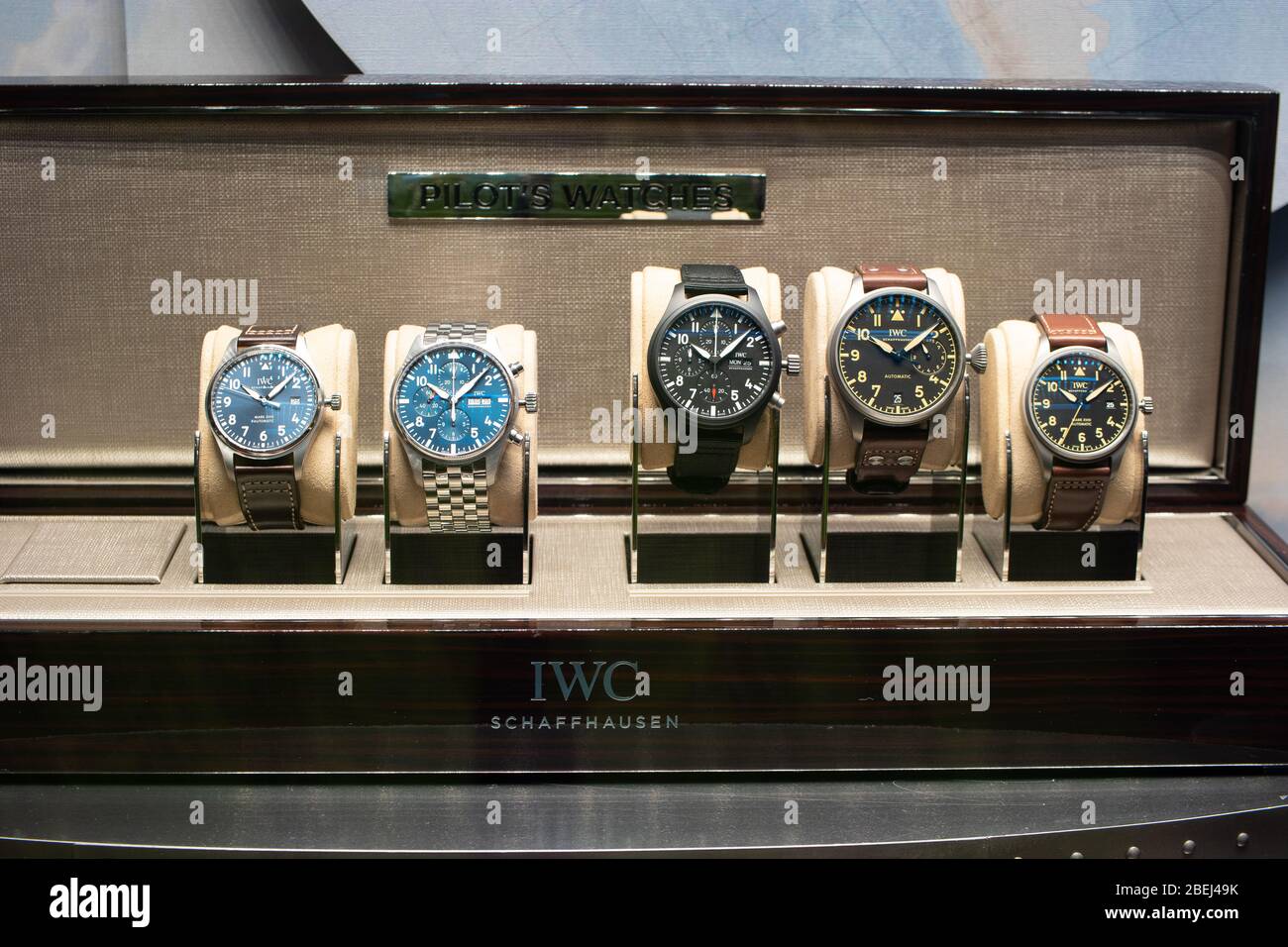 Geneva Switzerland March 2020 IWC window store with fashionable mechanical watches International Watch Co. is a luxury Swiss watch Stock Photo Alamy