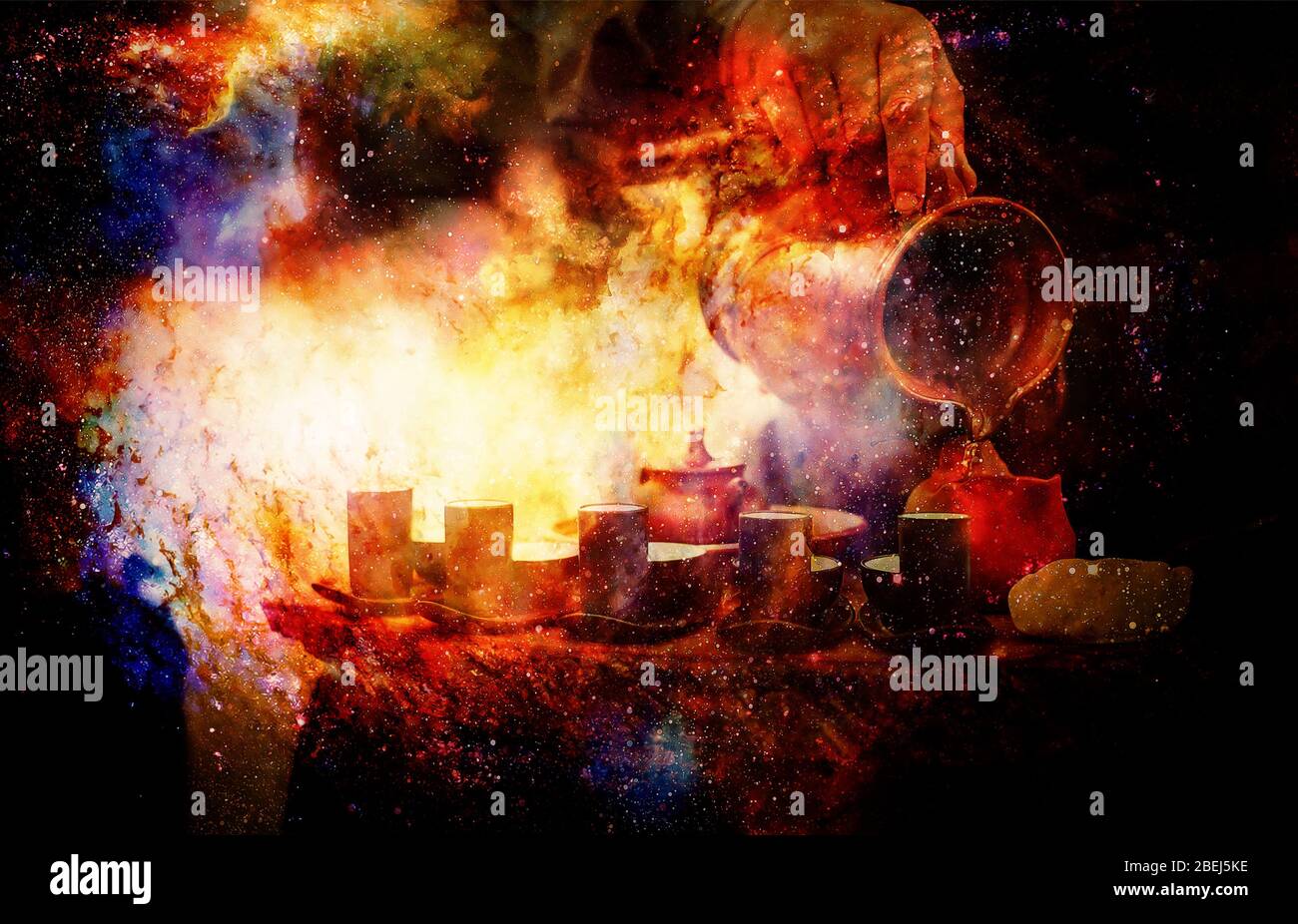 Tea ritual. Old photos effect with border, abstract structured space ...
