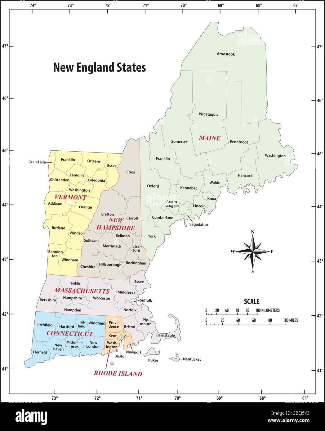 administrative vector map of the five New England states, United States Stock Vector