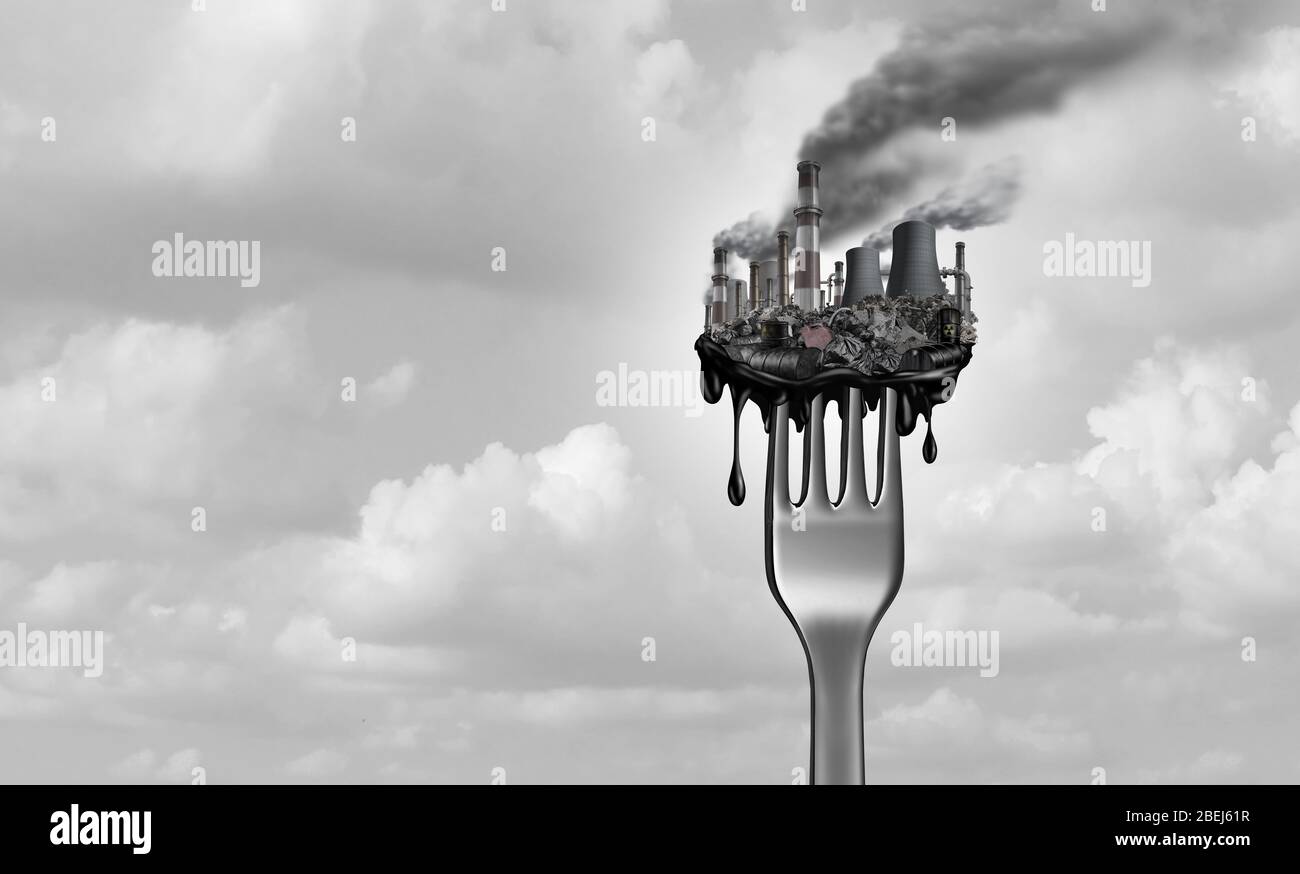 Pollution and food and toxic pollutants in nutrition as eating a contaminated meal as a fork with industrial toxins or climate change affects. Stock Photo