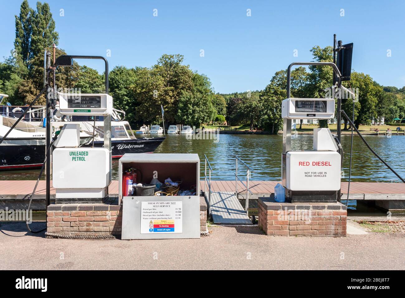Fuel pumps for river craft on Thanms river side. Stock Photo