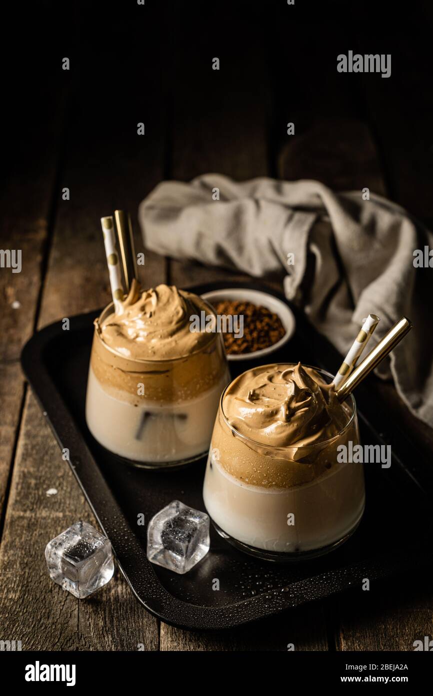 Coffee trend - dalgona coffee, whipped instant coffee Stock Photo