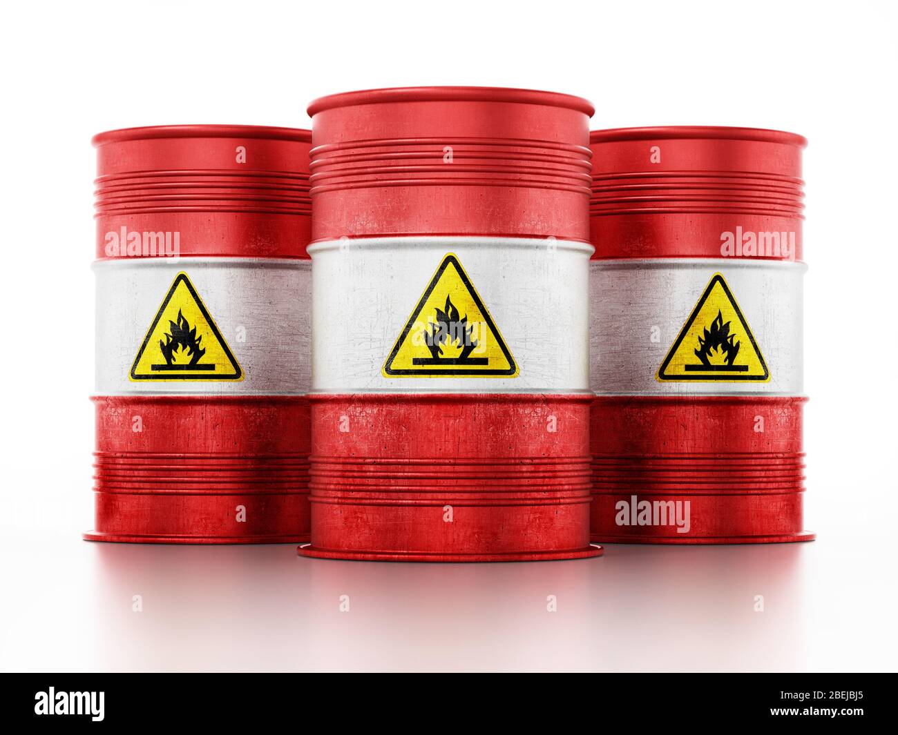 Old barrels with inflammable symbol isolated on white background. 3D illustration. Stock Photo