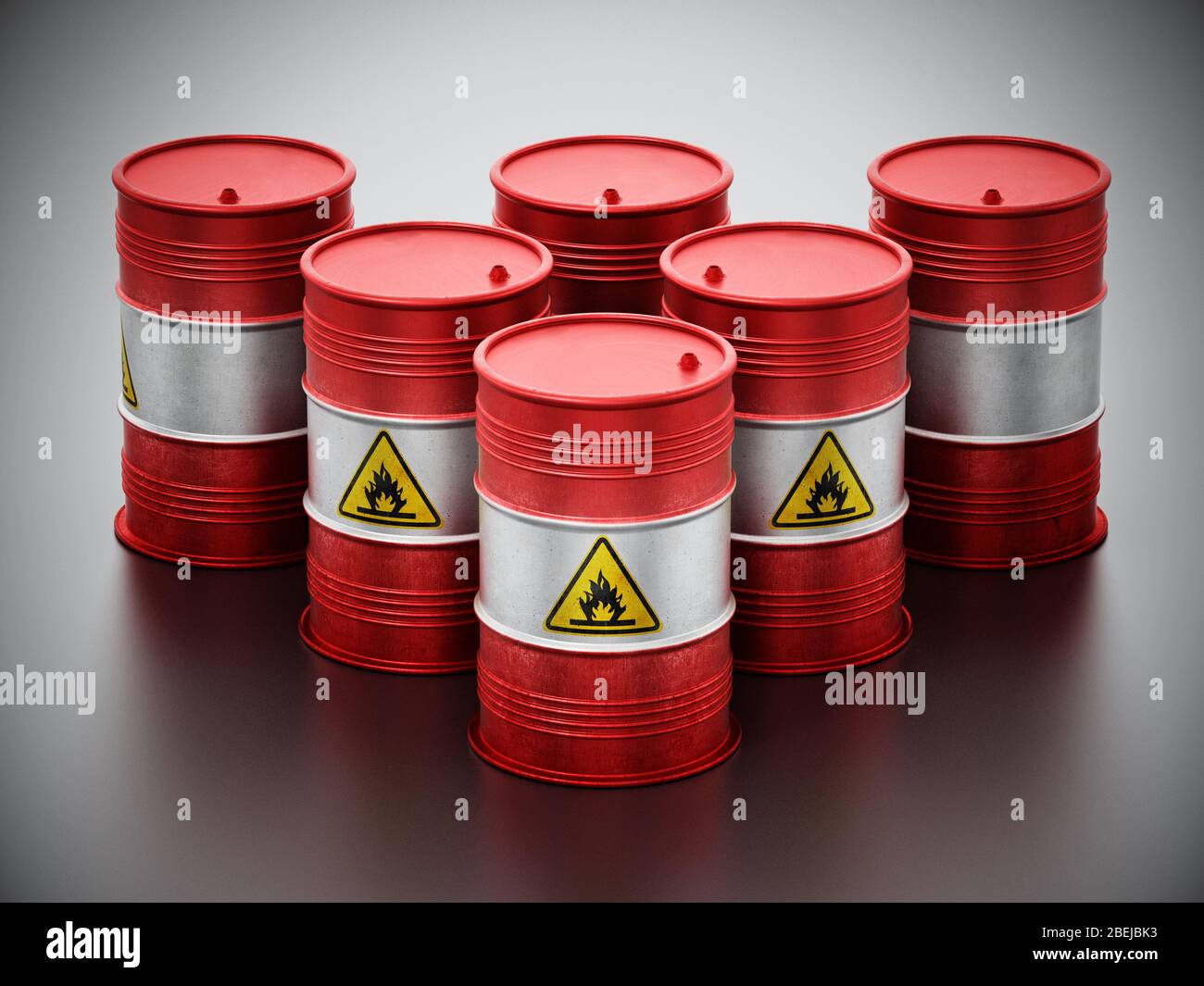Old barrels with inflammable symbol. 3D illustration. Stock Photo