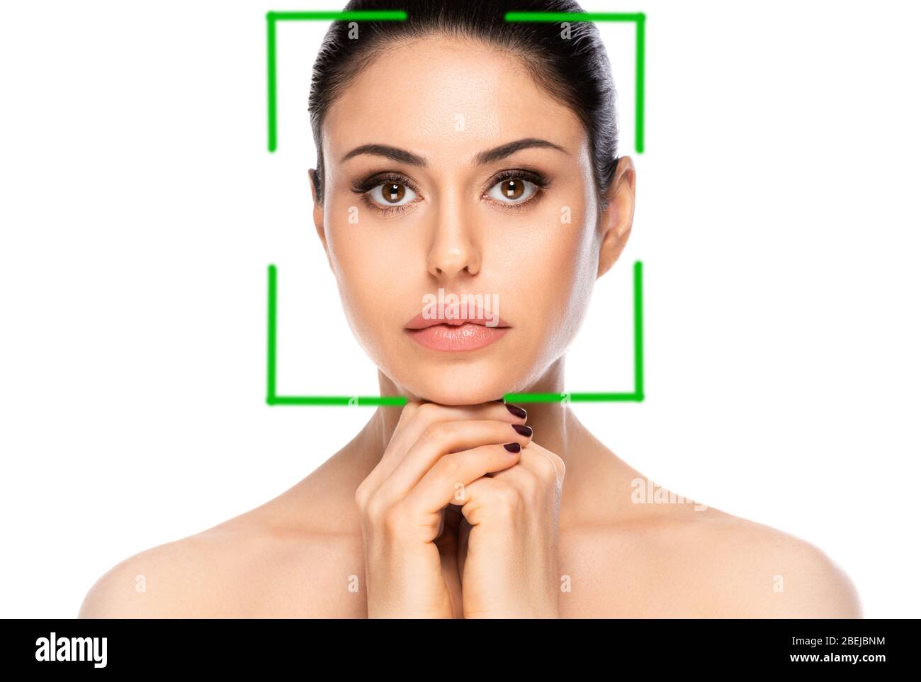 Biometric authentication concept. Facial recognition system of beautiful woman on white background Stock Photo