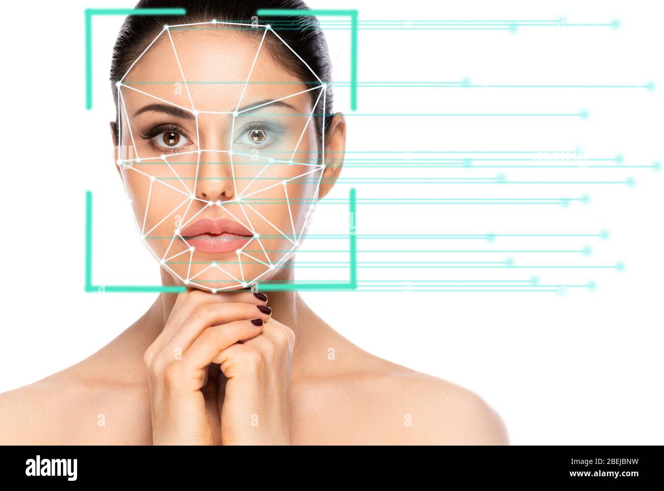 Biometric authentication concept. Facial recognition system of beautiful woman on white background Stock Photo