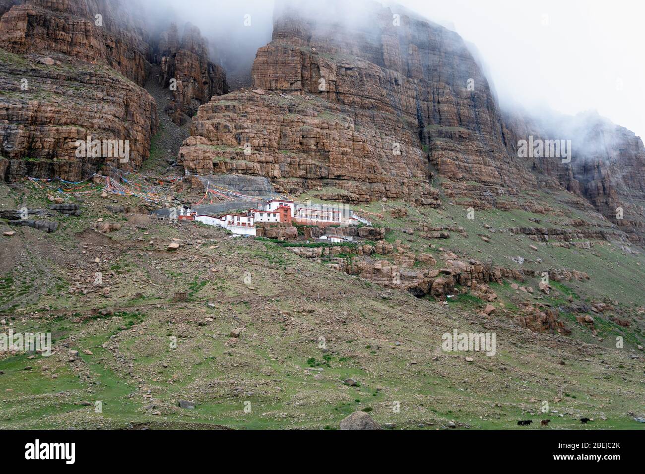 Amazing views of remote monastery during the first day of ritual kora (yatra) around sacred Mount Kailash. Ngari scenery in West Tibet. Himalaya. Chin Stock Photo