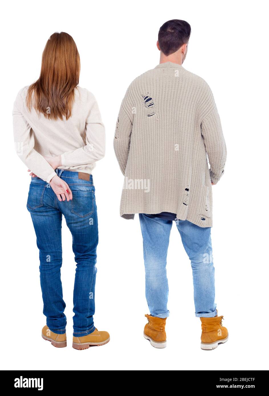 Back view couple in sweater. beautiful man and woman. Rear view people ...