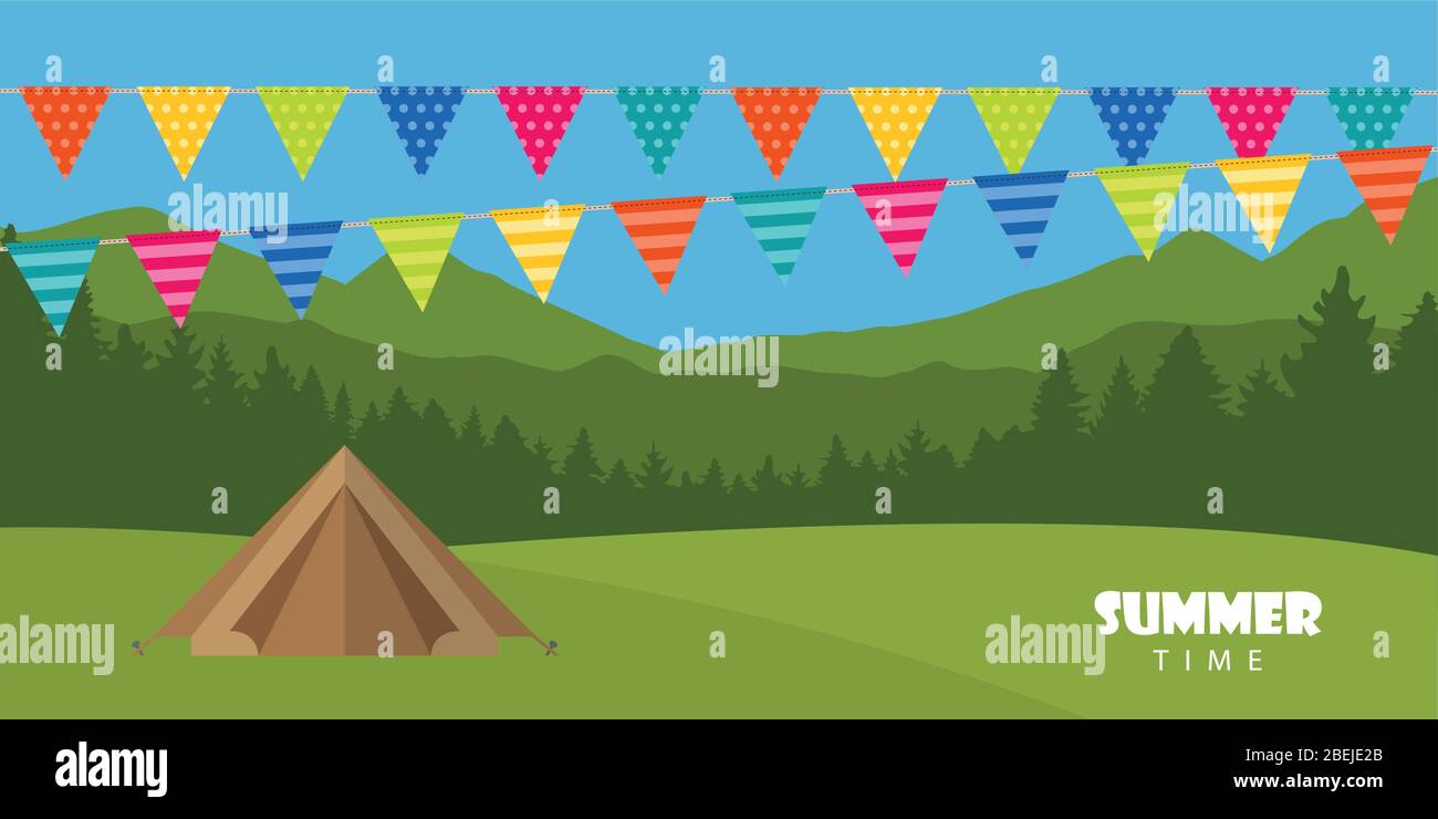 camping time outdoor summer landscape with tent and party flag vector illustration EPS10 Stock Vector