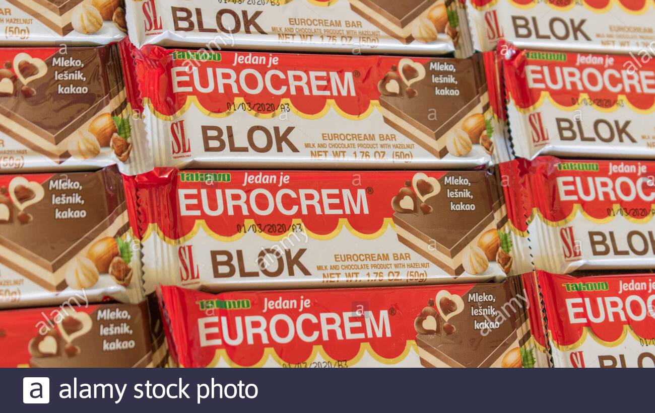 Eurocrem, two-colored (brown and white) hazelnut and vanilla flavored sweet  milk chocolate spread, produced by a Swisslion Takovo, Serbia Stock Photo -  Alamy