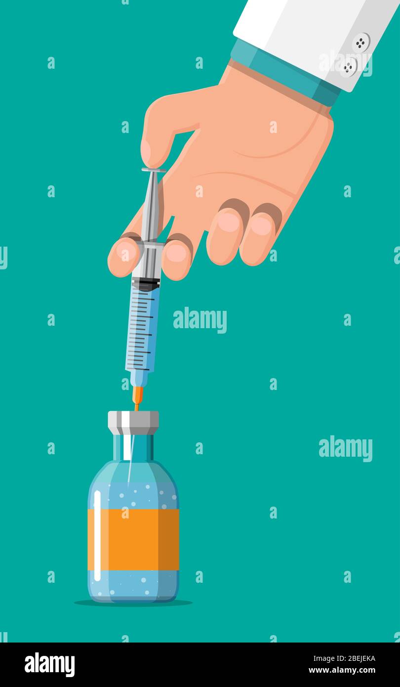 Ampoule and syringe with medicament in hand. Vaccination concept. Injection syringe needles. Medical equipment. Healthcare, hospital and medical diagnostics. Vector illustration in flat style Stock Vector