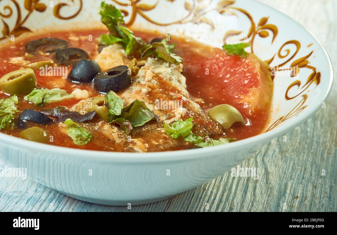 Kabkabou - fish and tomato stew traditionally prepared in Tunisia. Stock Photo