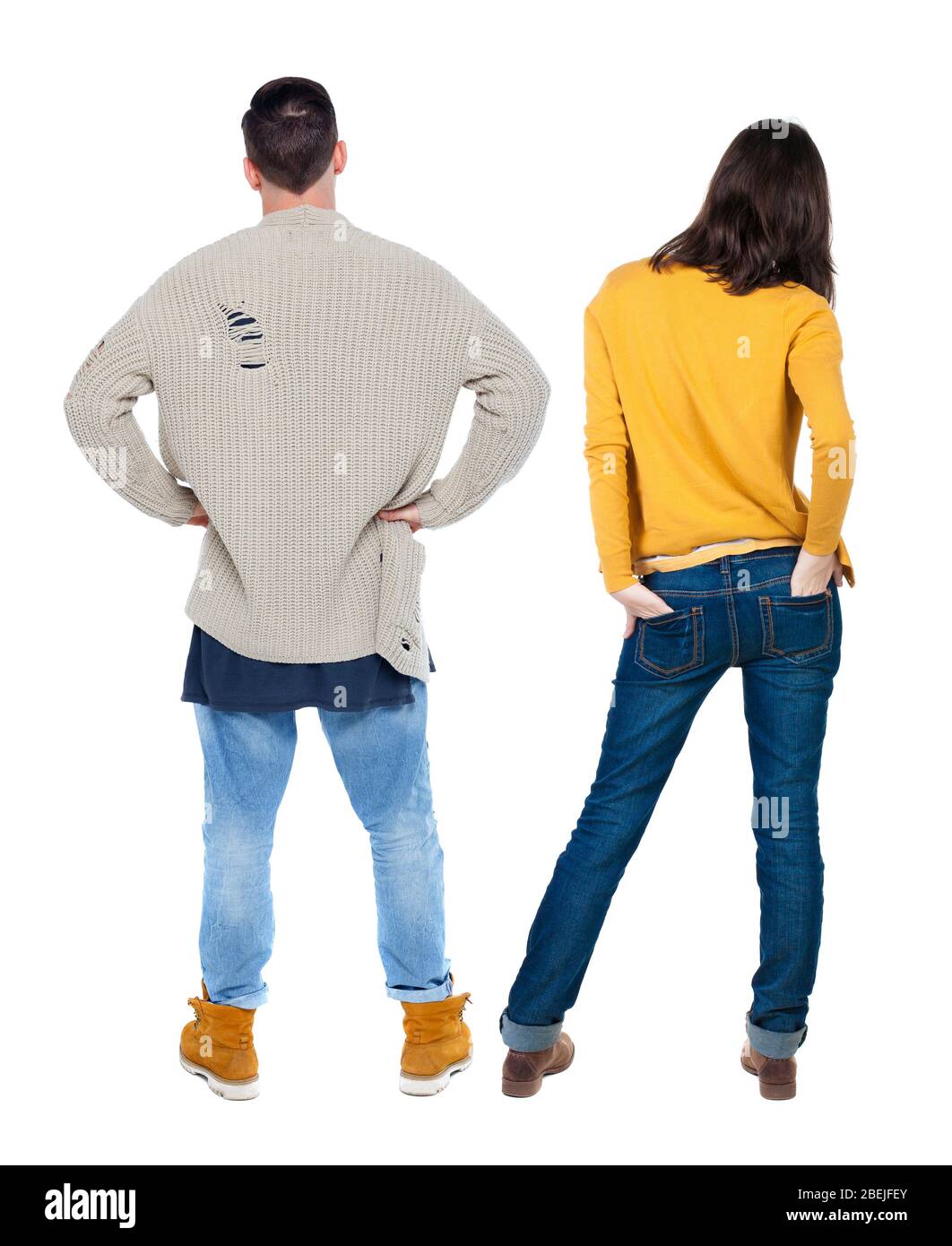 Back view couple in sweater. beautiful man and woman. Rear view people ...