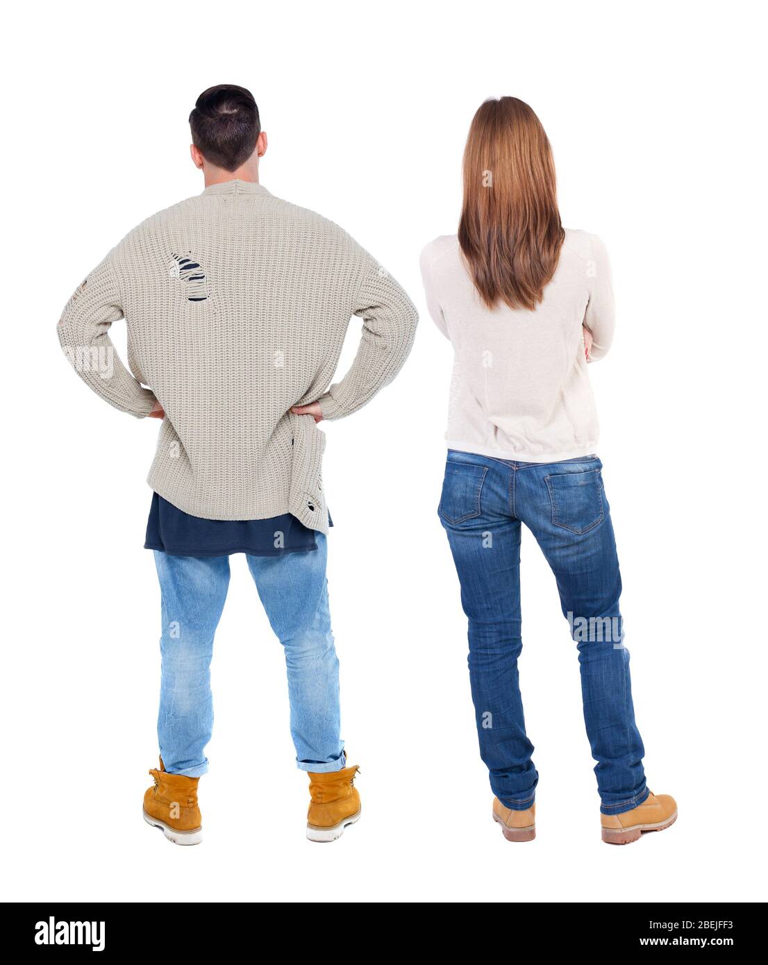 Back view couple in sweater. beautiful man and woman. Rear view people ...