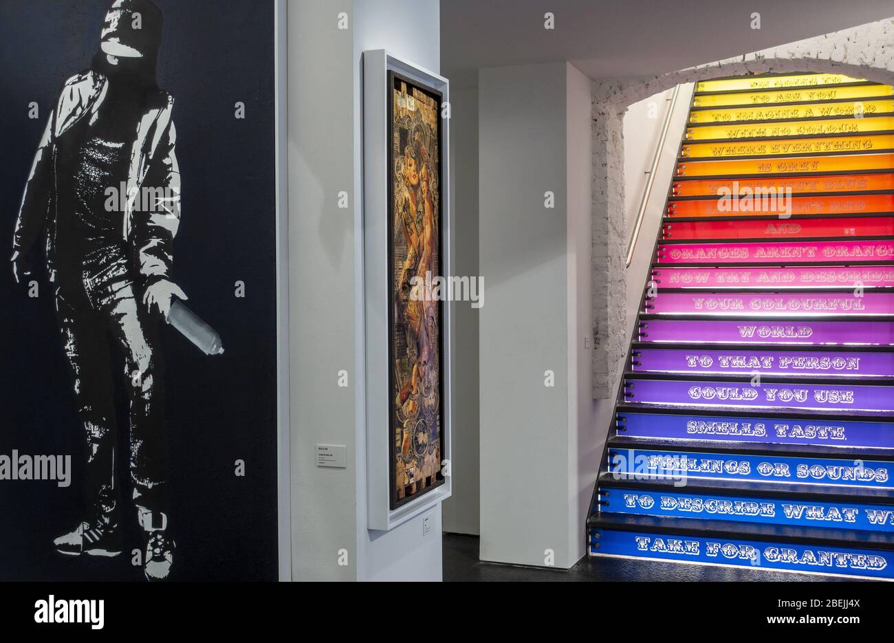 The interior of the Urban Nation Museum for Contemporary Art which exhibits great works of contemporary art, especially street art. Berlin, Germany Stock Photo