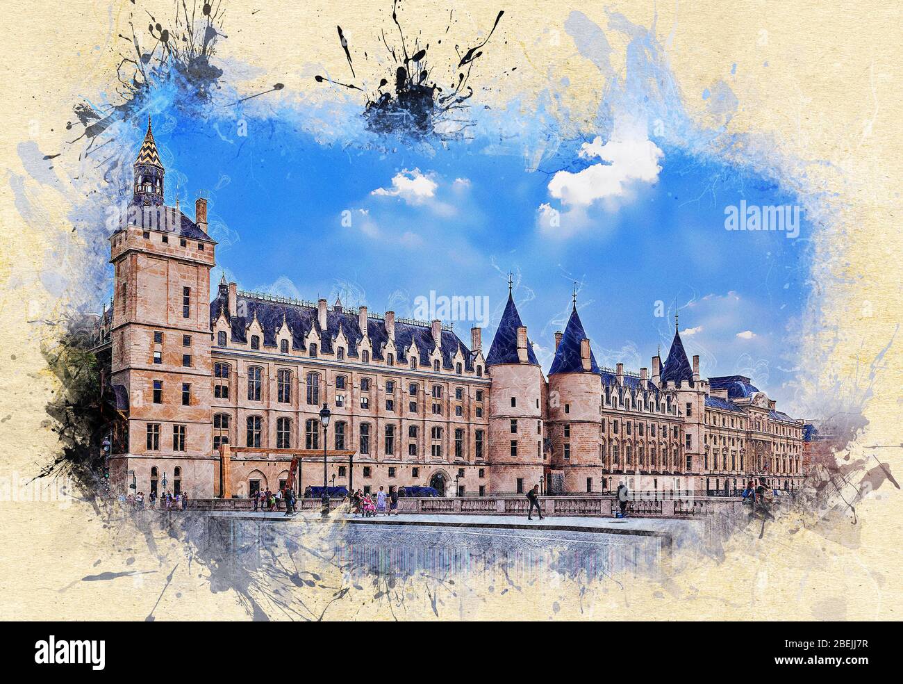 The Conciergerie, a former royal palace and prison. Paris, France. Ink watercolor style. Stock Photo