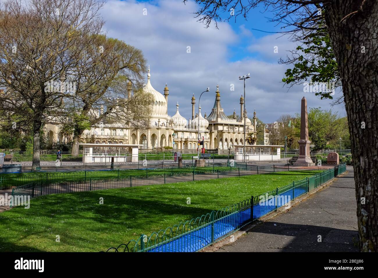 Brighton UK 14th April 2020 - The streets are empty of traffic around the Royal Pavilion in Brighton during the normally busy rush hour as lockdown continues in the UK  through the Coronavirus COVID-19 pandemic crisis  . Credit: Simon Dack / Alamy Live News Stock Photo