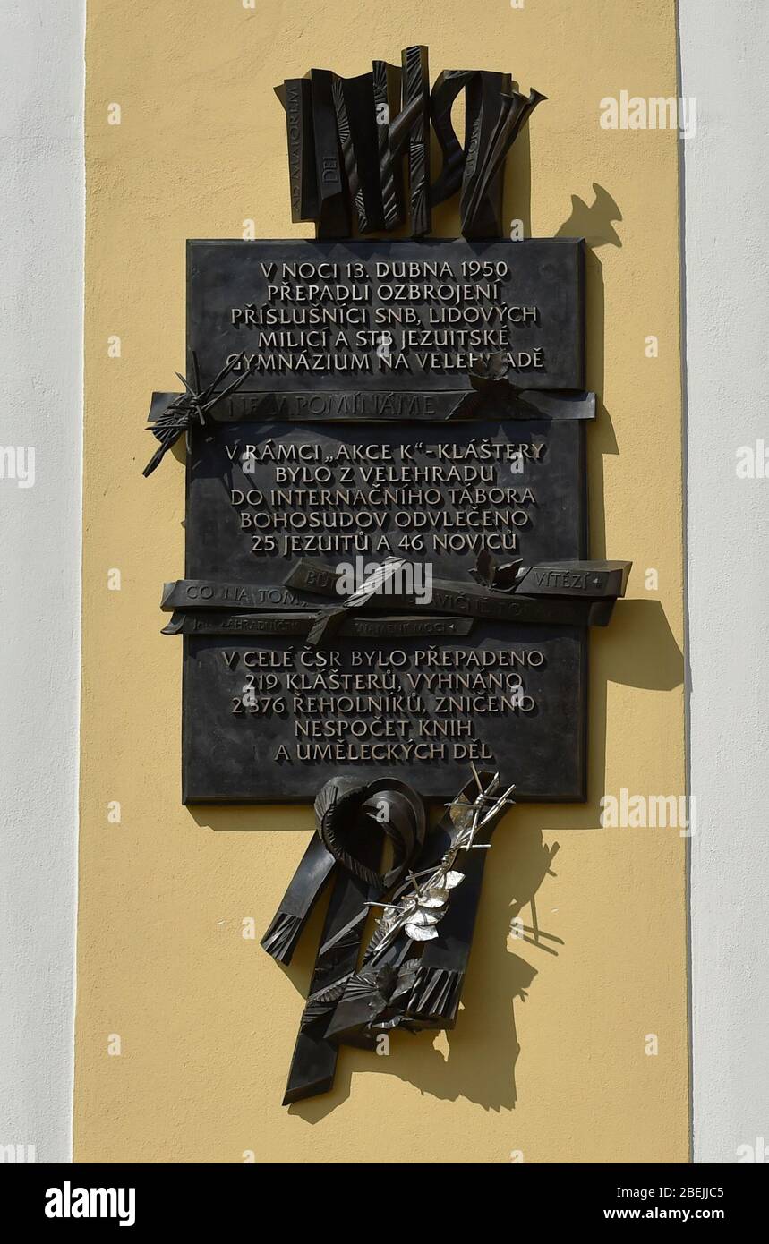 A commemorative plaque was installed in commemoration of the Action K in Velehrad, Czech Republic, on April 13, 2020. During the Action K 70 years ago the Communist regime destroyed monasteries. At the night of April 13-14, 1950, almost all monks from monasteries were expelled and moved out from their monasteries. Velehrad, a major place of pilgrimage, was one of the places hit by the Communist action. There were 25 Jesuits and 46 novices. The commemorative plaque, over two metres tall, was created by local sculptor Otmar Oliva. It was installed on the secondary school building. Stock Photo