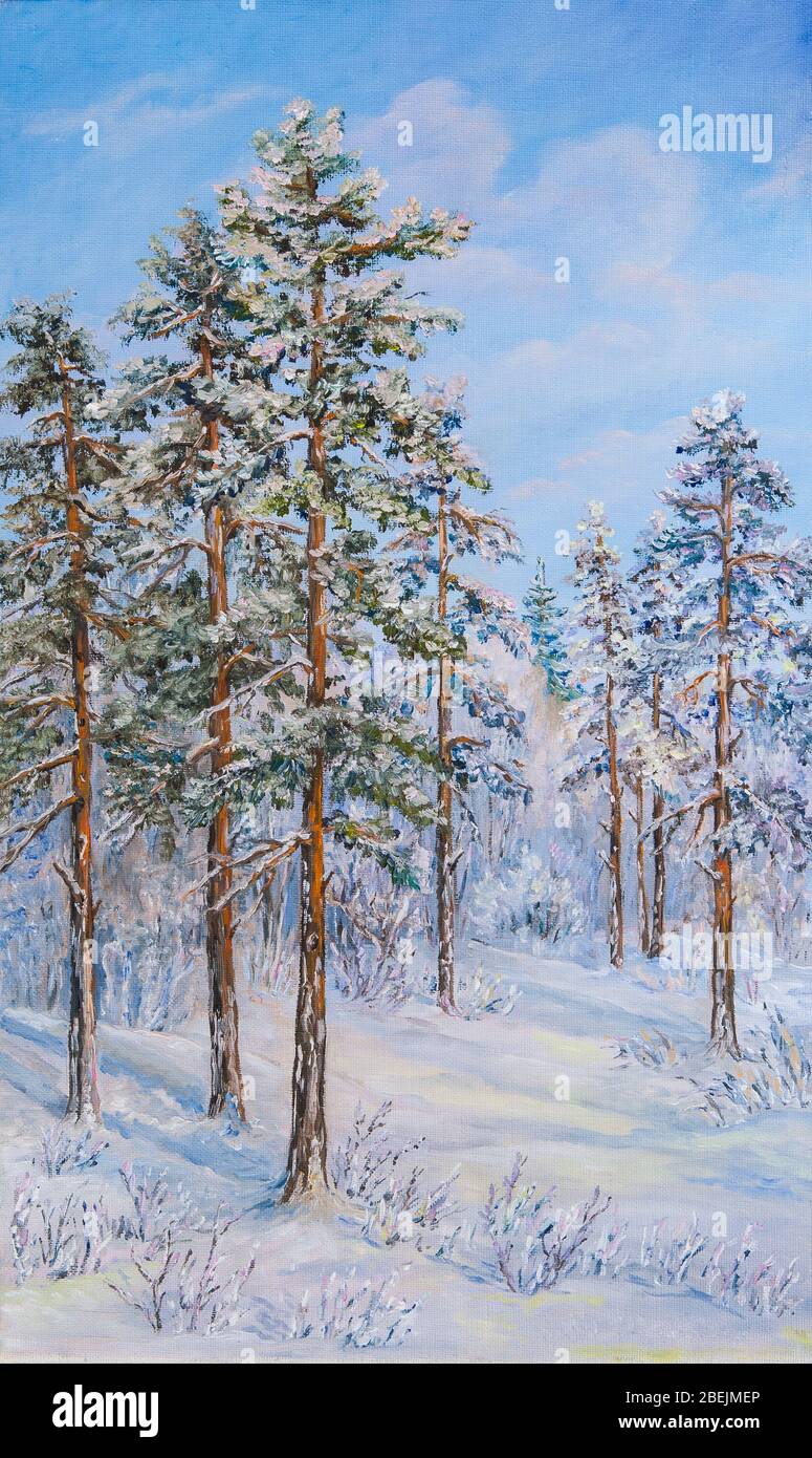 Winter landscape with trees in the snow on a canvas. Original oil ...