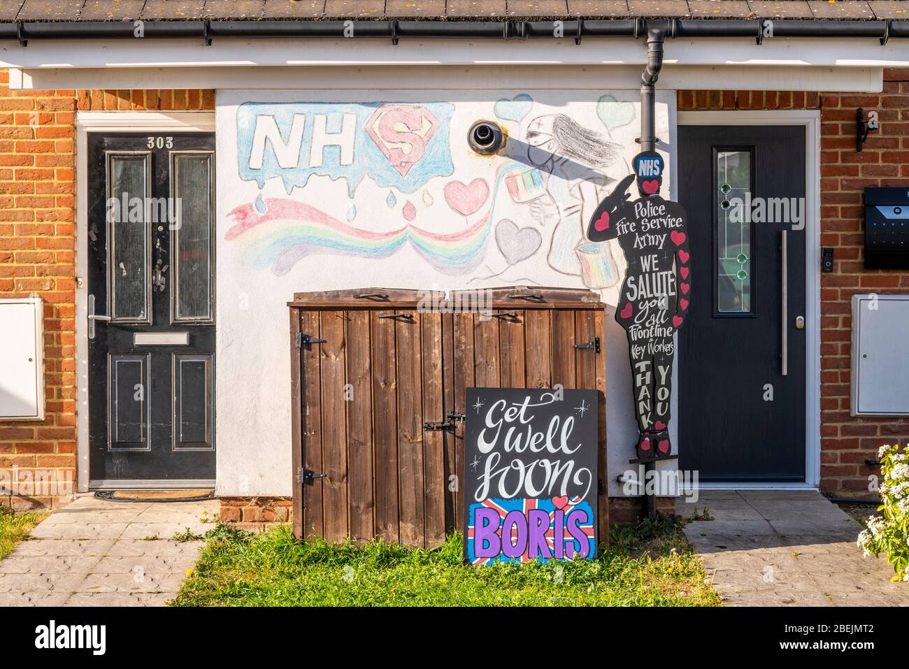 Get well soon Boris message, and messages thanking NHS and key workers during COVID-19 Coronavirus pandemic lockdown, in Southend on Sea, Essex, UK Stock Photo