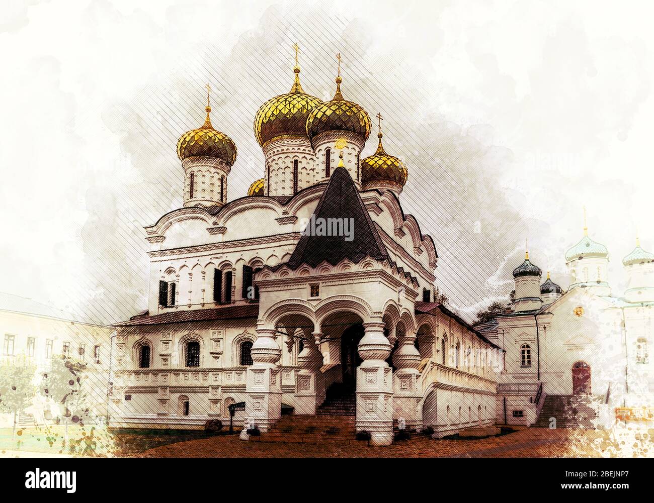 Watercolor styling - Holy Trinity Cathedral in Ipatiev Monastery, Kostroma, Golden Ring, Russia Stock Photo