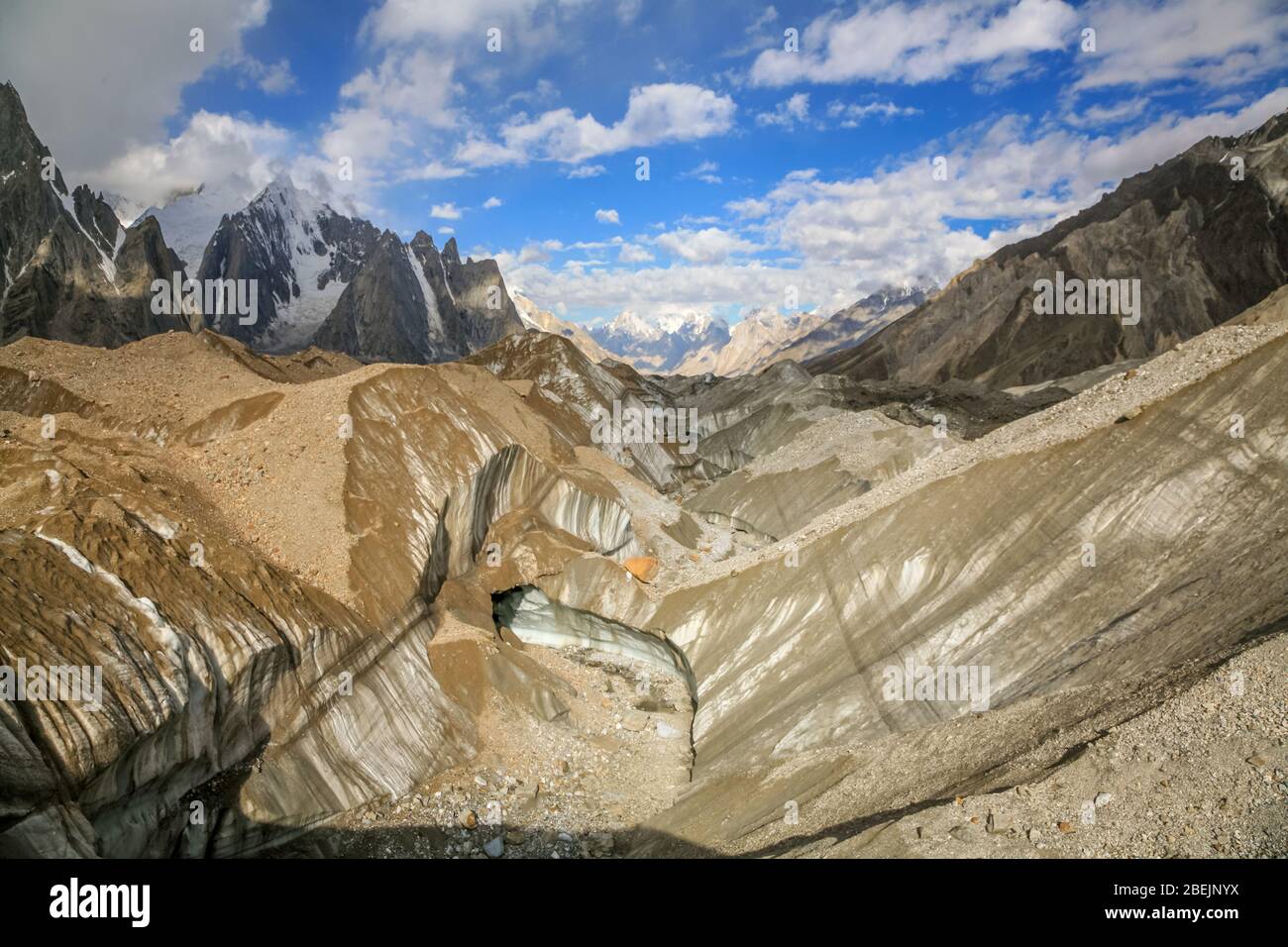 Looking West down the Baltoro Glacier from Concordia, in the Karakoram Mountains of Northern Pakistan. Stock Photo