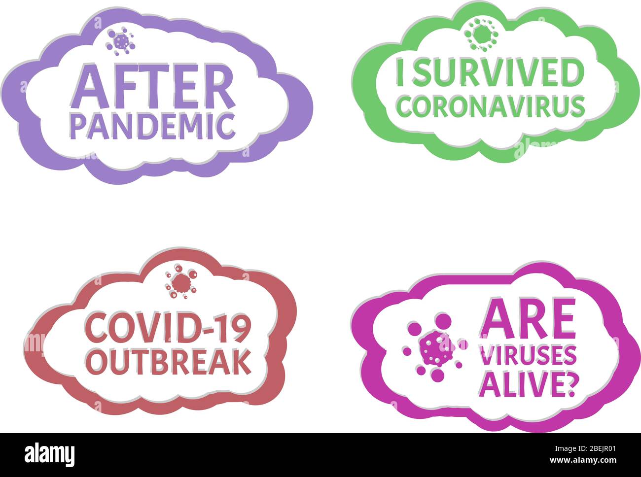 After Pandemic I survived coronavirus Covid-19 outbreak Are Virus Alive? words. Wuhan China Travel corona virus warning and quarantine. Icon Set isola Stock Photo