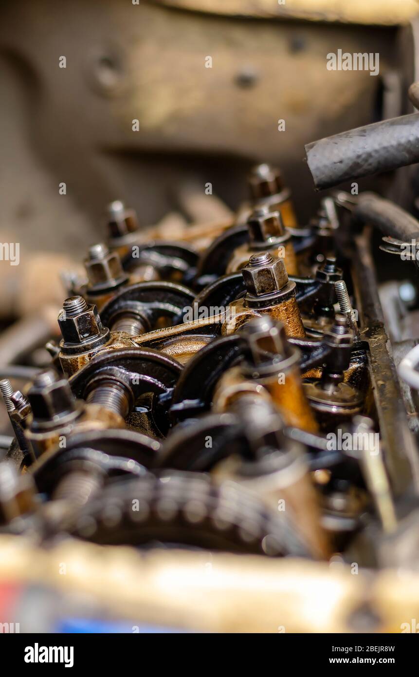 The engine compartment of a car closeup. Engine timing. Detailed shot