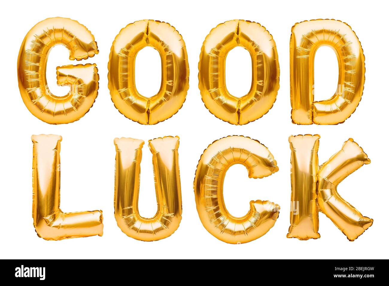 Words GOOD LUCK made of golden inflatable balloons isolated on white