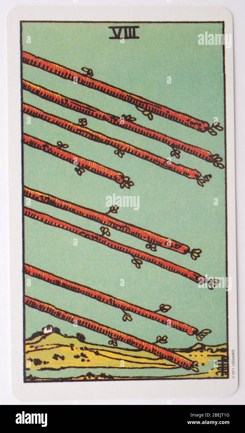 A single tarot card, The eight of Wands used for fortune telling Stock