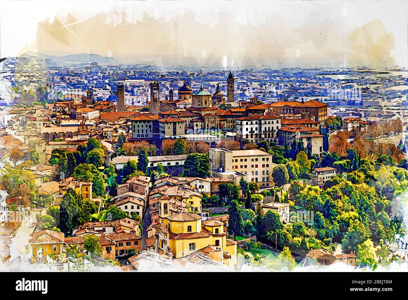 Panoramic veiw on Upper old city (Citta Alta) in Bergamo with historic buildings. Color pencil and watercolor sketch style illustration. Stock Photo