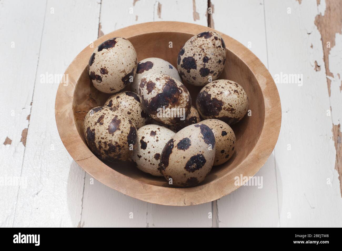 Quails eggs in a bowl against a white rustic wooden background Stock Photo