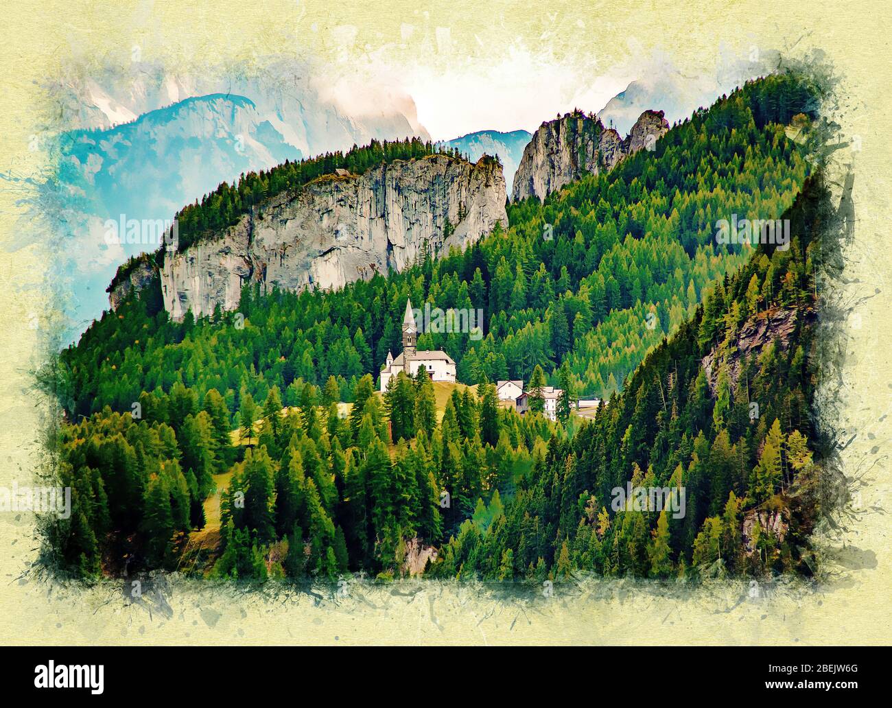 Small church with a chapel on a background of a mountain forest in the Italian Dolomite Alps, Italy. Artistic sketch style. Stock Photo