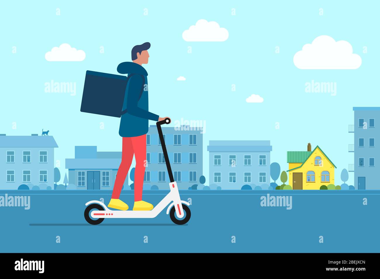 Delivery young male courier riding electric scooter with package product box. Fast shipping service concept on city street. Vector logistic illustration active hipster adult millennial on cityscape Stock Vector